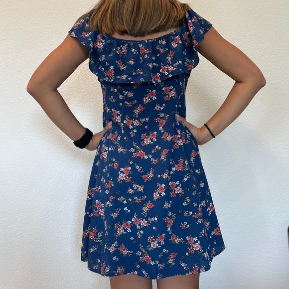 Blue Floral Flowy Mini Dress, Size Large - Picture 2 of 8